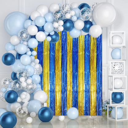 Voircoloria Blue Gold Foil Fringe Backdrop Curtains - 3 Pack Tinsel Streamers for Parties | 3.3 x 8.2 ft
