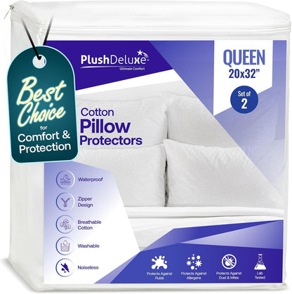 PlushDeluxe Pillow Protectors - Queen Size 20”x32” | Set of 2 Waterproof, Hypoallergenic Encasements