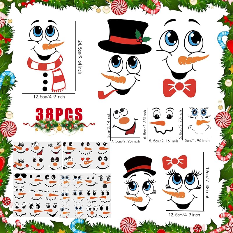 48 Pcs Snowman Face Stickers for Crafts Christmas Decorations - Waterproof Holiday Decals