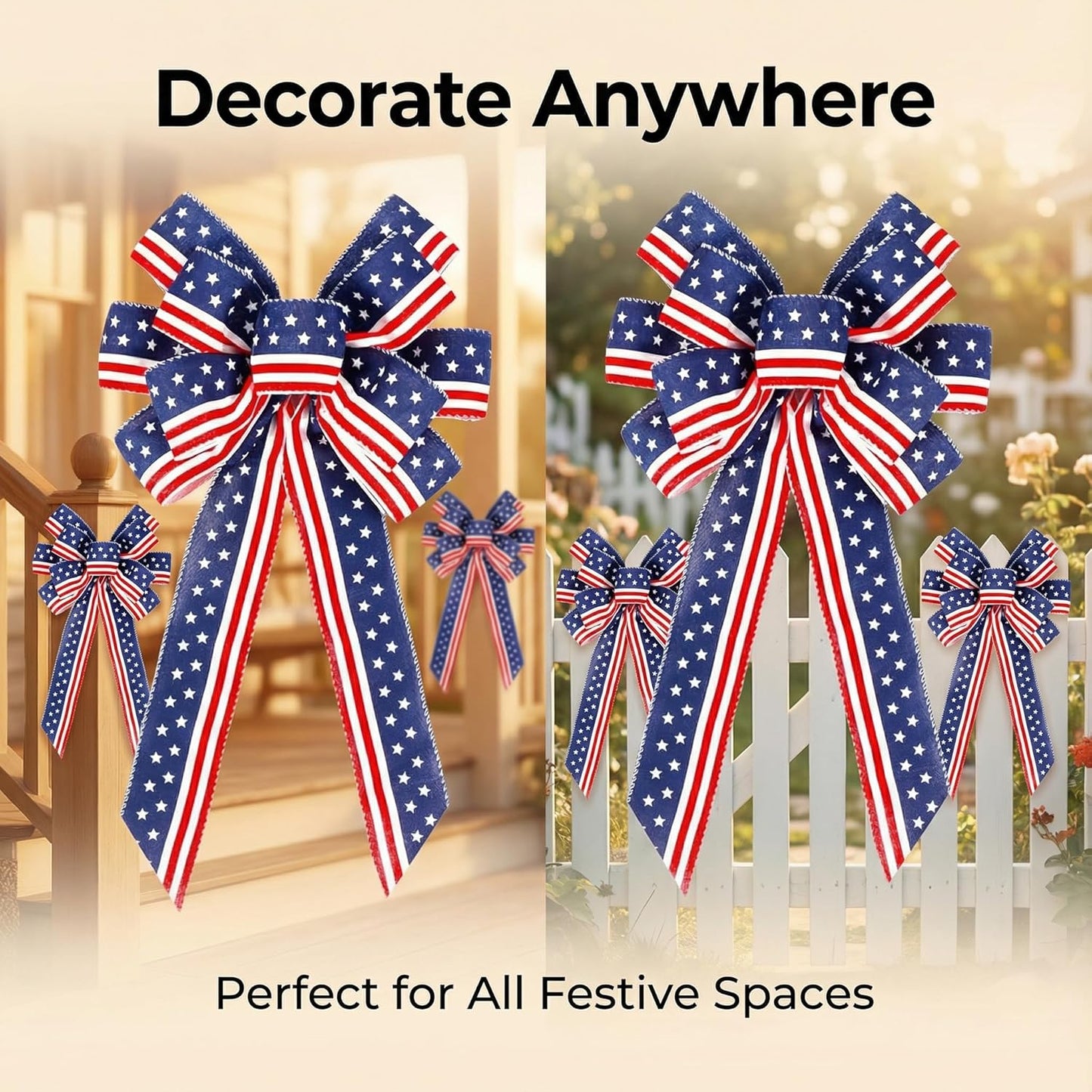 Skiennix Memorial Day Decorations - Patriotic Stripe Stars Wreath Bow for Front Door | Red, White & Blue Decor