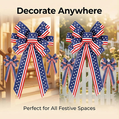 Skiennix Memorial Day Decorations - Patriotic Stripe Stars Wreath Bow for Front Door | Red, White & Blue Decor