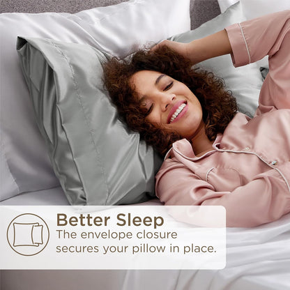 Bedsure Satin Sheets Set - Luxurious Silver Grey Queen Size with Matching Pillowcases