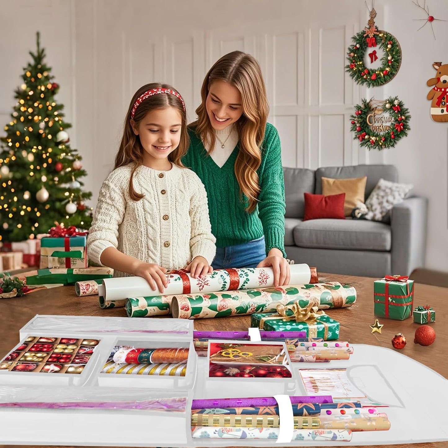 Woodoulogy Gift Wrapping Paper Storage Bag - Double-Sided 40"x17" White Oxford Organizer for Christmas Decor