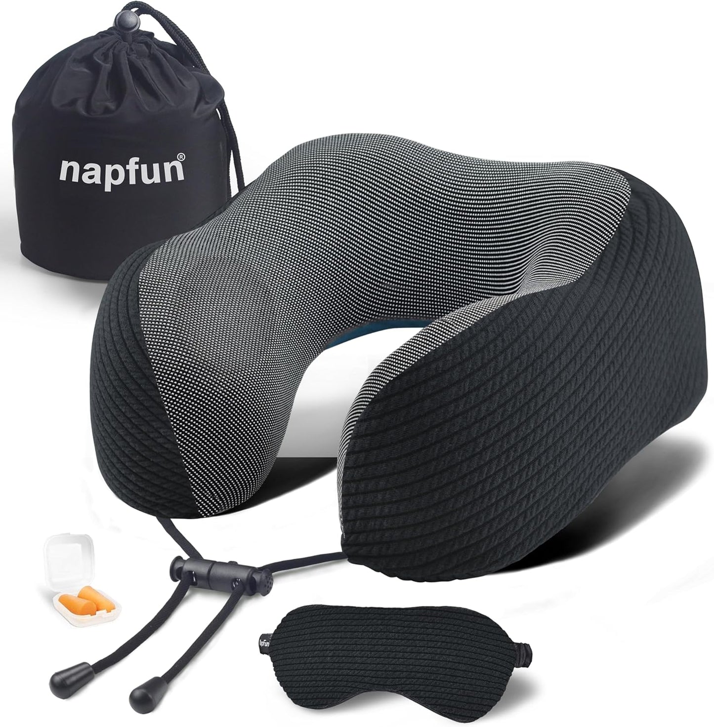 Napfun Neck Pillow - Memory Foam Travel Pillow with Pouch, Sleep Mask & Earplugs | Black Striped Kit