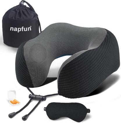 Napfun Neck Pillow - Memory Foam Travel Pillow with Pouch, Sleep Mask & Earplugs | Black Striped Kit