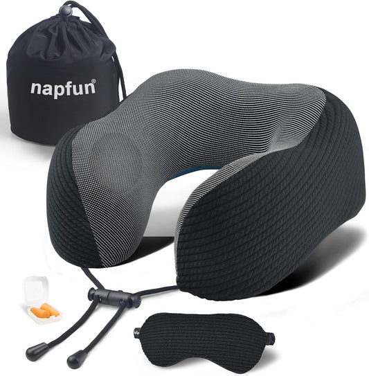 Napfun Neck Pillow - Memory Foam Travel Pillow with Pouch, Sleep Mask & Earplugs | Black Striped Kit