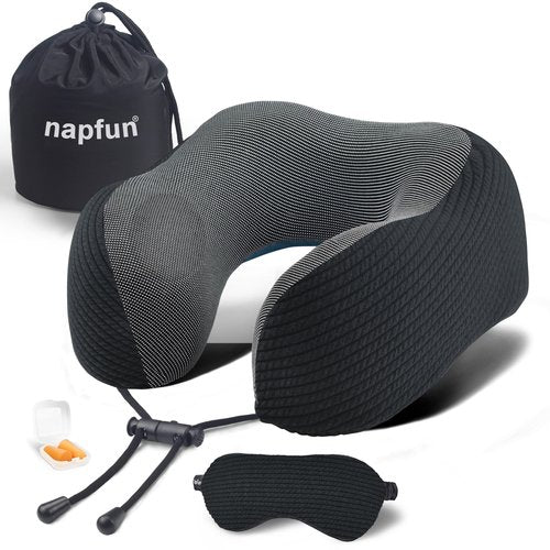 napfun Neck Pillow for Travel with Travel Pouch, Sleep Mask & Earplugs, Memory Foam Airplane Pillow for Headrest Sleep with Eyeshades, Plane Essentials with Eye Blindfold, Black Striped Kit