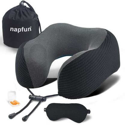 napfun Neck Pillow for Travel with Travel Pouch, Sleep Mask & Earplugs, Memory Foam Airplane Pillow for Headrest Sleep with Eyeshades, Plane Essentials with Eye Blindfold, Black Striped Kit