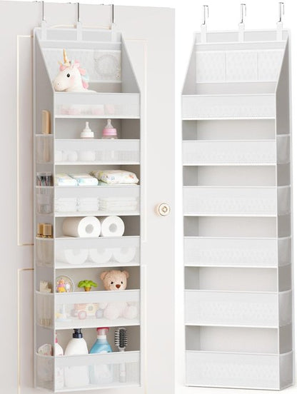 Criusia Over The Door Organizer - Heavy-Duty 6-Shelf Storage with 13 Mesh Pockets | 55lbs Capacity, White