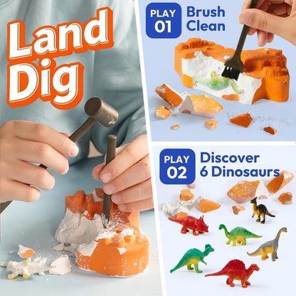 JOVA 3-in-1 Dinosaur Fossil Digging Kit - STEM Learning Toy with Glow-in-the-Dark Dinosaurs & Sensory Play Sand | DIY Craft for Kids 6+