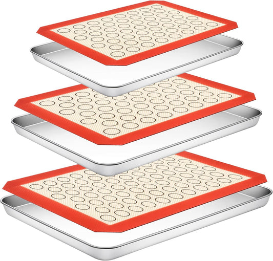 CEKEE Stainless Steel Baking Sheet Set - 6PCS Cookie Sheets with Silicone Baking Mats for Oven Use