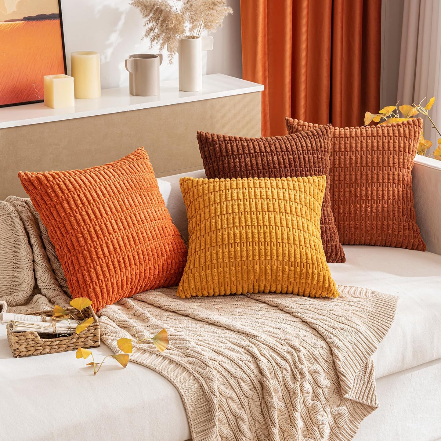 MIULEE Rust Corduroy Decorative Pillow Covers - Soft Boho Striped Design | 20x20 Inch for Modern Farmhouse Decor