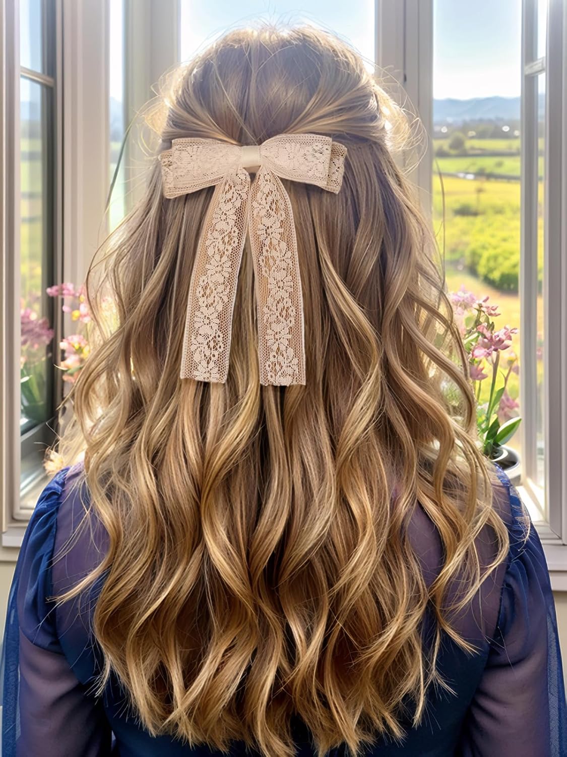 Skiennix White Lace Tulle Hair Bows - Elegant Long Tail Ribbons & Tassel Barrettes for Women
