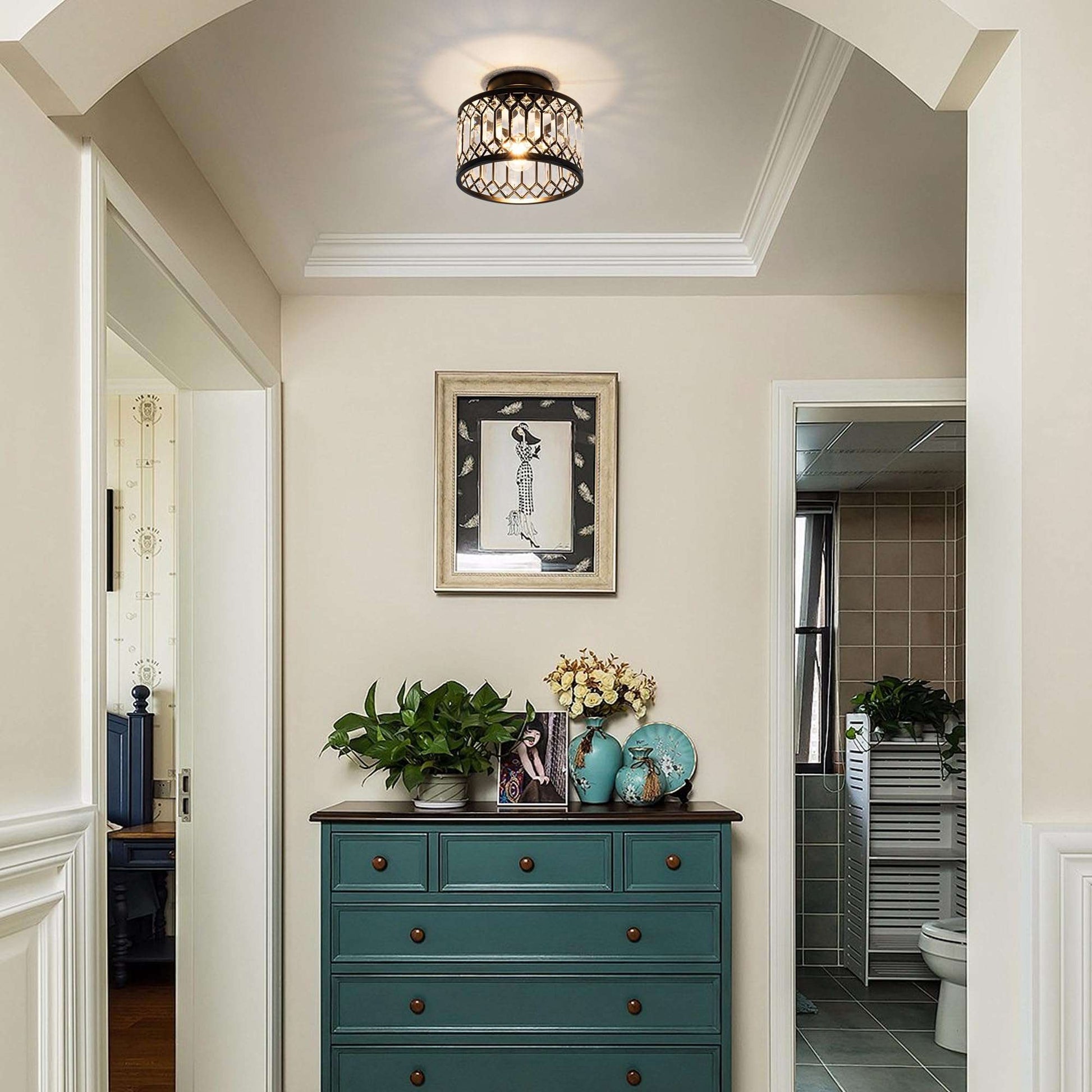 Rpzloila Crystal Ceiling Light Fixture, Modern Semi Flush Mount Ceiling Light,Crystal Chandelier for Kitchen Bedroom Bathroom Entryway Black (Bulb not Included)