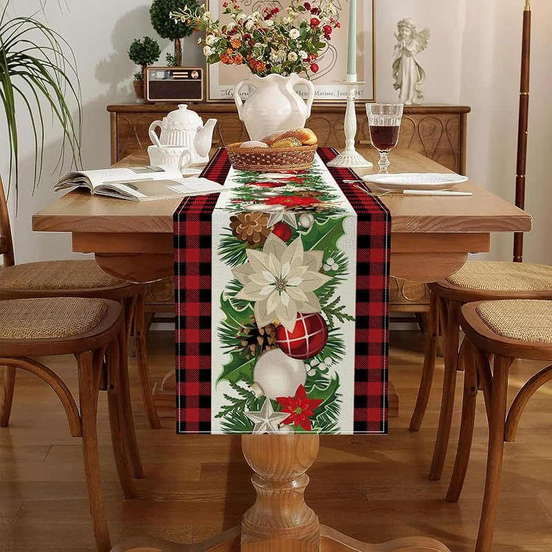 Red and Black Buffalo Check Christmas Table Runner 13 x 72 Inch - Variation: Christmas002
