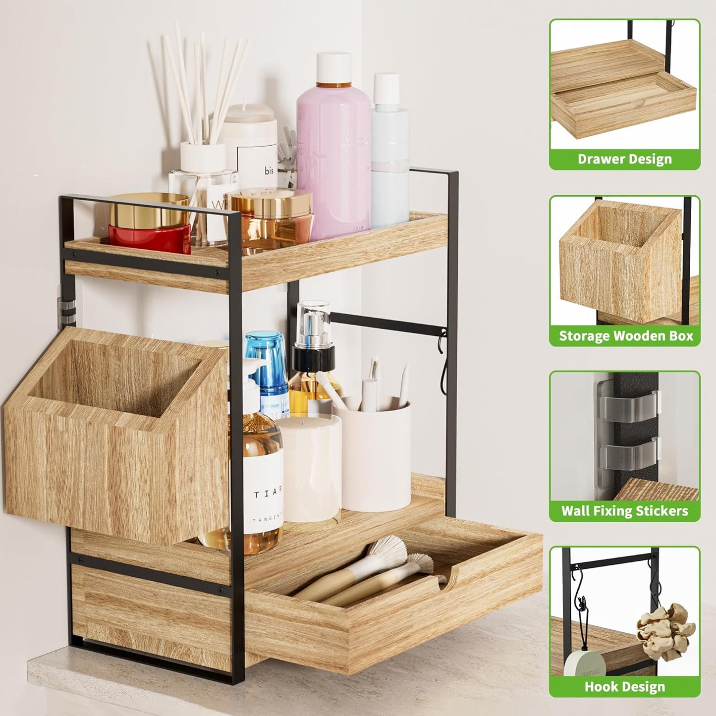 Skiennix 2-Tier Bathroom Counter Organizer - Wood Vanity Storage with Drawer & Basket