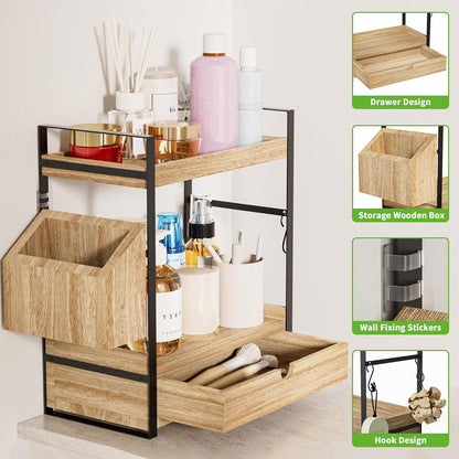 Skiennix 2-Tier Bathroom Counter Organizer - Wood Vanity Storage with Drawer & Basket