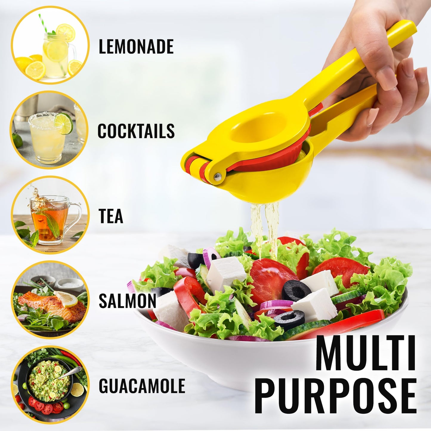 Zulay Metal 2-In-1 Lemon Squeezer Manual - Sturdy, Max Extraction Hand Juicer Lemon Squeezer Gets Every Last Drop - Easy to Clean Manual Citrus Juicer - Easy-to-Use Lemon Juicer Squeezer - Yellow/Red