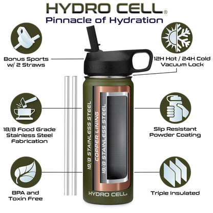 HYDRO CELL Stainless Steel Insulated Water Bottle with Straw - For Cold & Hot Drinks - Metal Vacuum Flask with Screw Cap and Modern Leakproof Sport Thermos for Kids & Adults (Army 18oz)