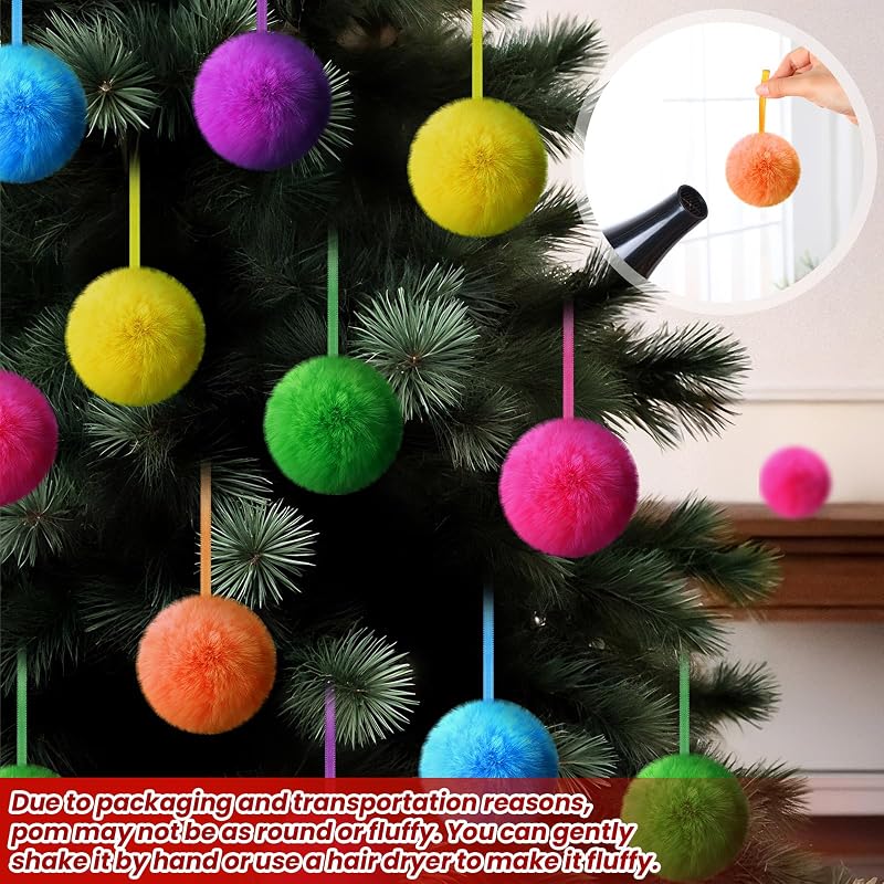 Neon Faux Fur Christmas Ball Ornaments 48 Pcs 3.1in - ShinyRelief Variation: Neon