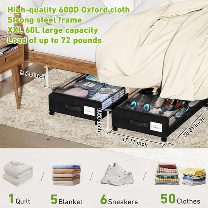 YAASHEEN Under Bed Storage Bins - 2-Pack XXL 60L Rolling Containers with Clear Lids & Labels - Black