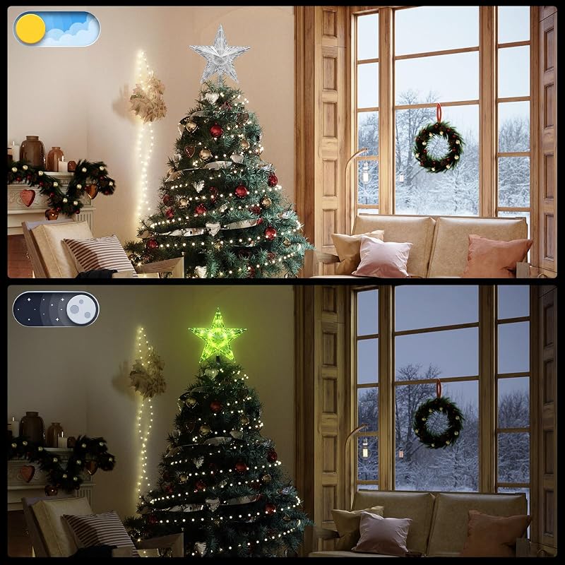 Christmas Star Tree Topper 9.5in 17 Colors with 4 Speed Modes & Remote (3AA Battery Powered) - IP44 Indoor/Outdoor