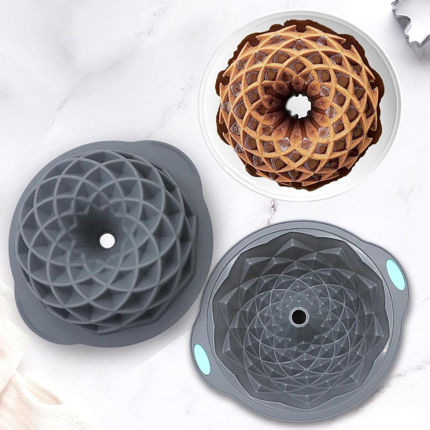 Tongjude Silicone Fluted Cake Pans - Non-Stick 4-Piece Set for Baking Cakes, Bread & Jello | 6/7/8 Cups, Grey