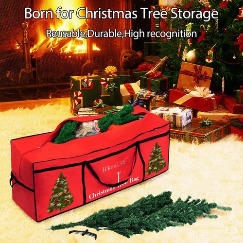 HikooLSS Christmas Tree Storage Bag - Heavy Duty 600D Oxford for 7.5 Ft Artificial Trees | Red 60x18x25in