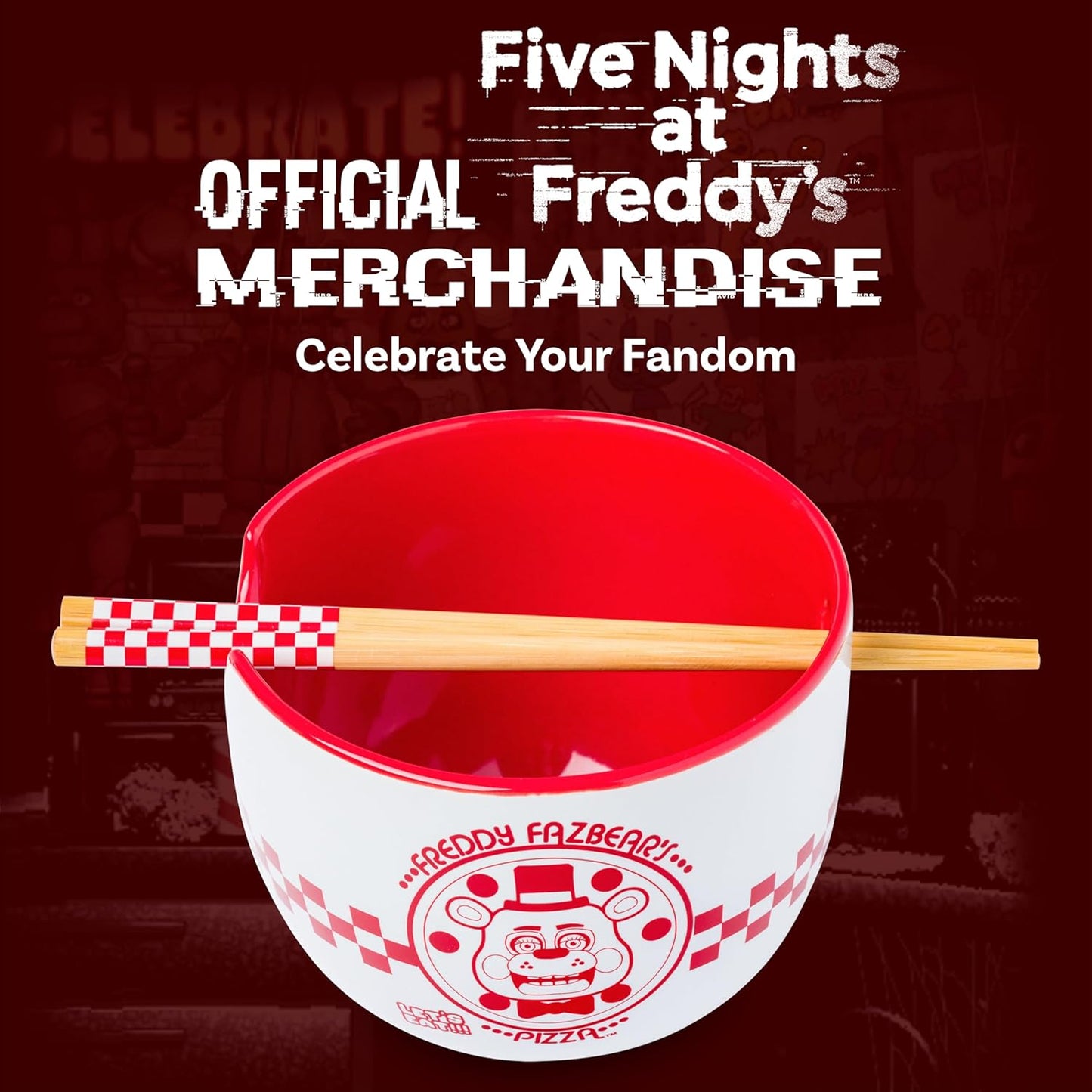 Silver Buffalo Five Nights at Freddy's Ramen Noodle Bowl - 20 Oz Ceramic with Chopsticks, Microwave Safe