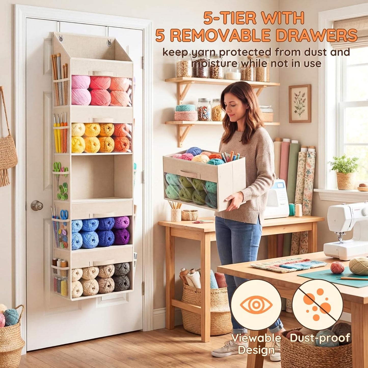 Ofiray Home Yarn Storage Organizer - 5 Drawer Over-The-Door Knitting Holder with 10 Mesh Pockets | Beige