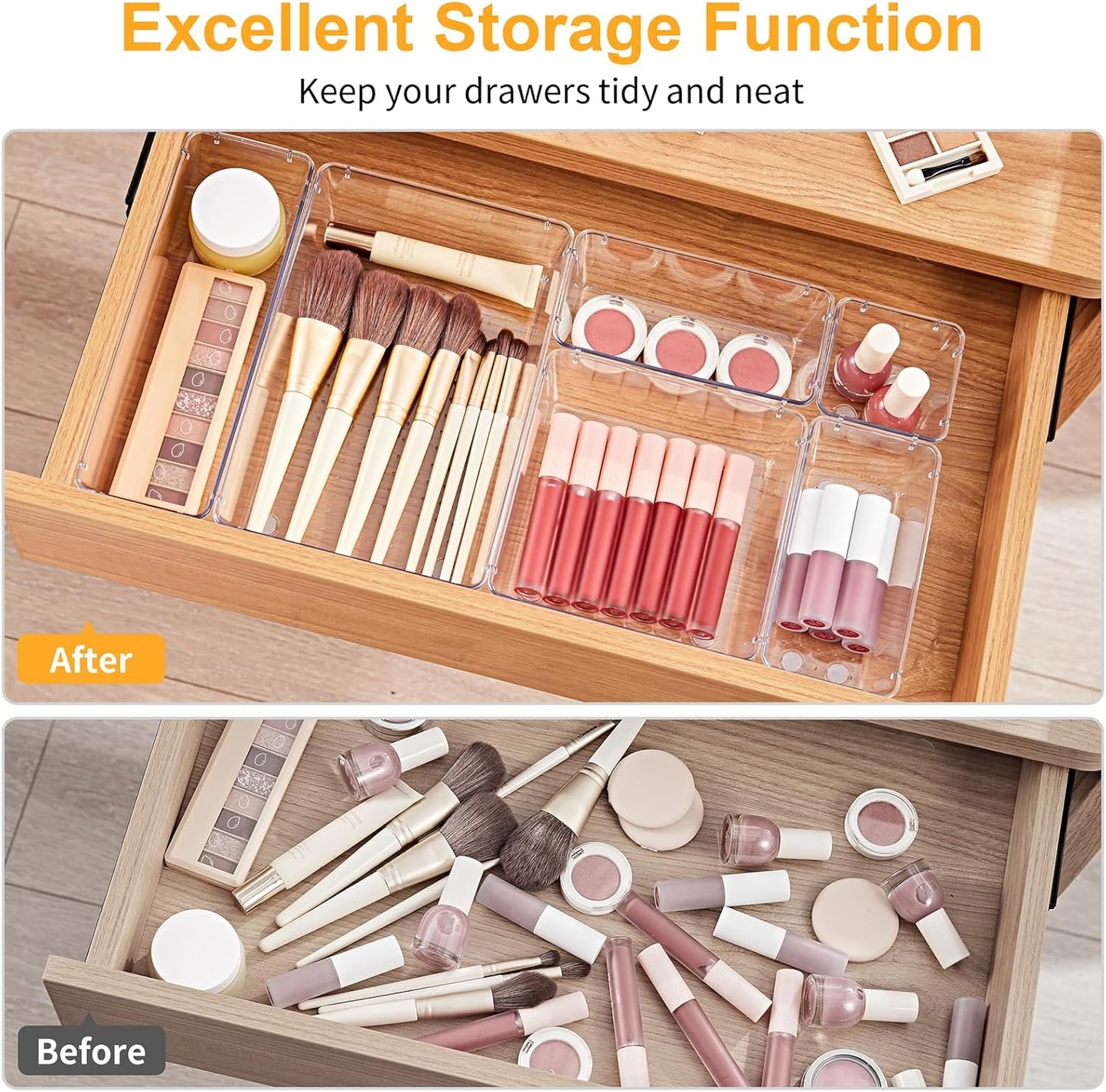 SMARTAKE 13-Piece Drawer Organizers - Non-Slip Silicone Pads for Makeup, Jewelry & Utensils | Clear Storage Trays