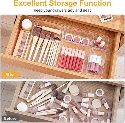 SMARTAKE 13-Piece Drawer Organizers - Non-Slip Silicone Pads for Makeup, Jewelry & Utensils | Clear Storage Trays