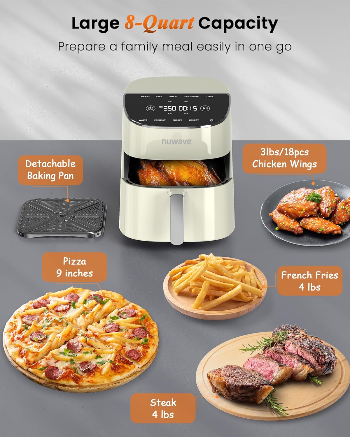 Nuwave Brio Plus Air Fryer - 8 Qt, PFAS-Free, 7 Digital Functions, 150 Presets, Cream Color