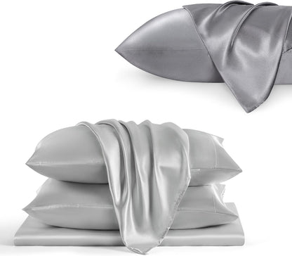 Bedsure Satin Sheets Set - Luxurious Silver Grey Queen Size with Matching Pillowcases