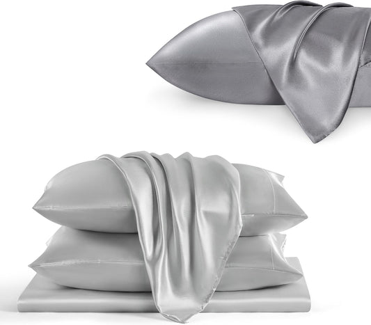 Bedsure Satin Sheets Set - Luxurious Silver Grey Queen Size with Matching Pillowcases