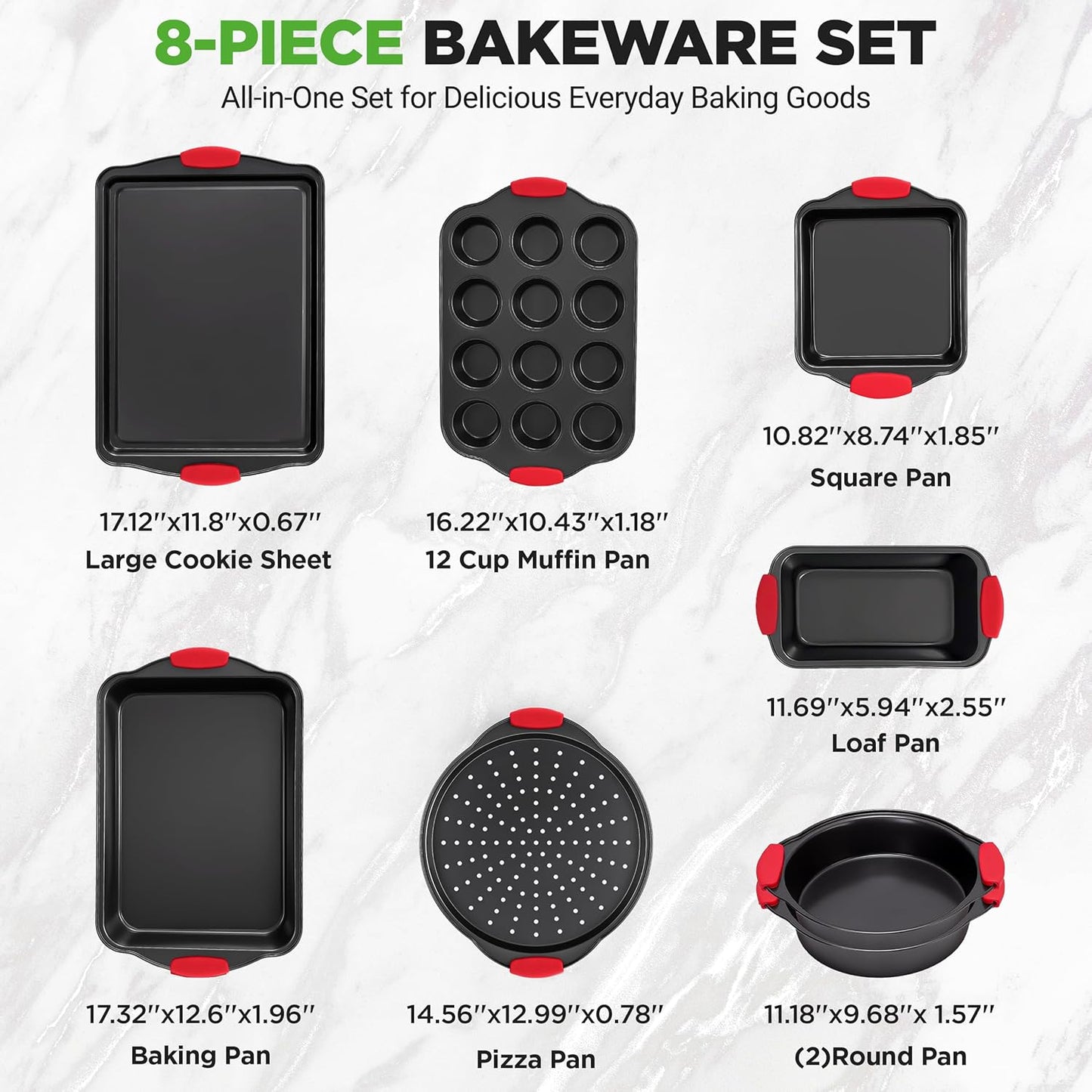NutriChef Non-Stick Baking Pans Set - Deluxe Commercial Grade Bakeware with Red Silicone Handles | 8 Pieces, Stylish Gray Coating