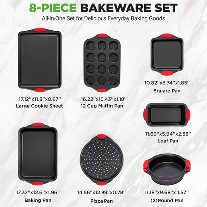 NutriChef Non-Stick Baking Pans Set - Deluxe Commercial Grade Bakeware with Red Silicone Handles | 8 Pieces, Stylish Gray Coating