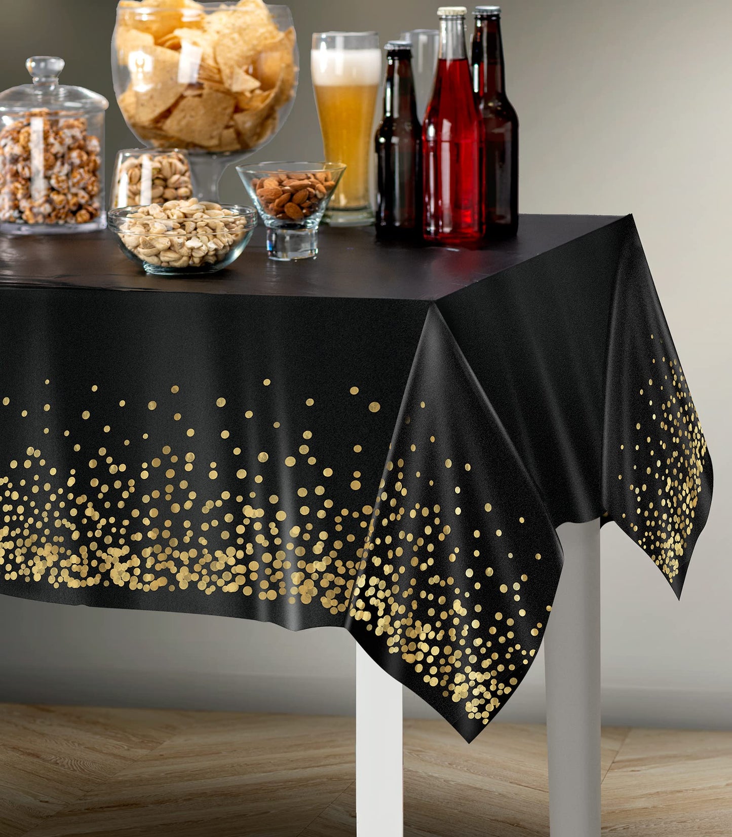 Prestee Black and Gold Table Cloths for Parties, 4pk, 54"x108" - Gold Dot Plastic Tablecloths, Black Tablecloth, Black and Gold Party Decorations, Paper Tablecloth for BBQ, Party, Fine Dining, Wedding