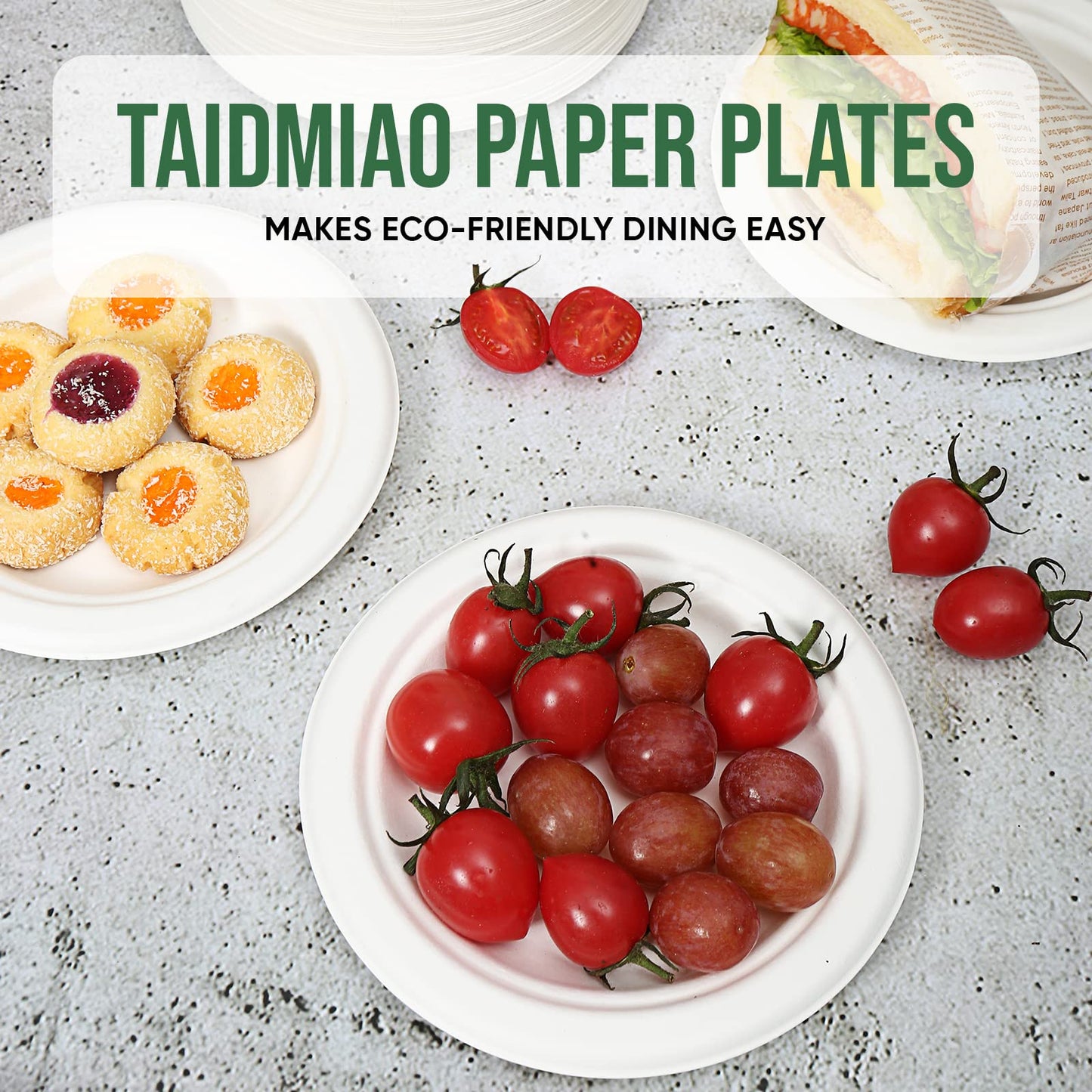 TaidMiao Dessert Plates, 100 Pack Small Paper Plates, Paper Plates 6 Inch – 100% Compostable Plates, Water & Oil Proof Disposable Plates, Microwavable Perfect Paper Plate For Party - White