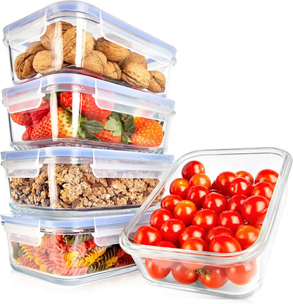 NutriChef 10-Piece Glass Food Storage Containers - Airtight 30 oz Meal Prep Set | Freezer to Oven Safe - Blue