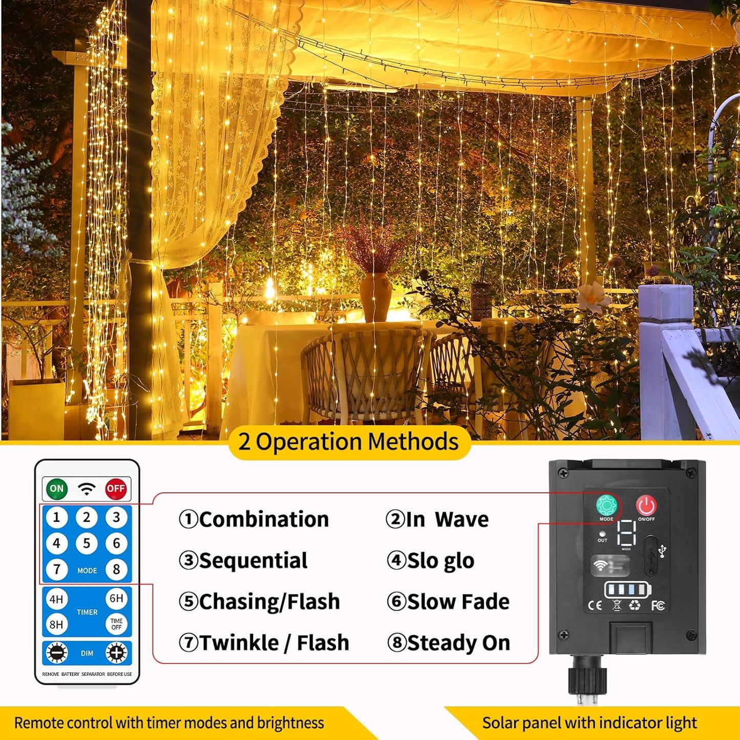 Skiennix Solar Curtain Lights - Waterproof 300 LED Twinkle Fairy String Lights | 10x10 Ft with Remote & 8 Modes for Outdoor Parties & Weddings