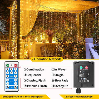 Skiennix Solar Curtain Lights - Waterproof 300 LED Twinkle Fairy String Lights | 10x10 Ft with Remote & 8 Modes for Outdoor Parties & Weddings