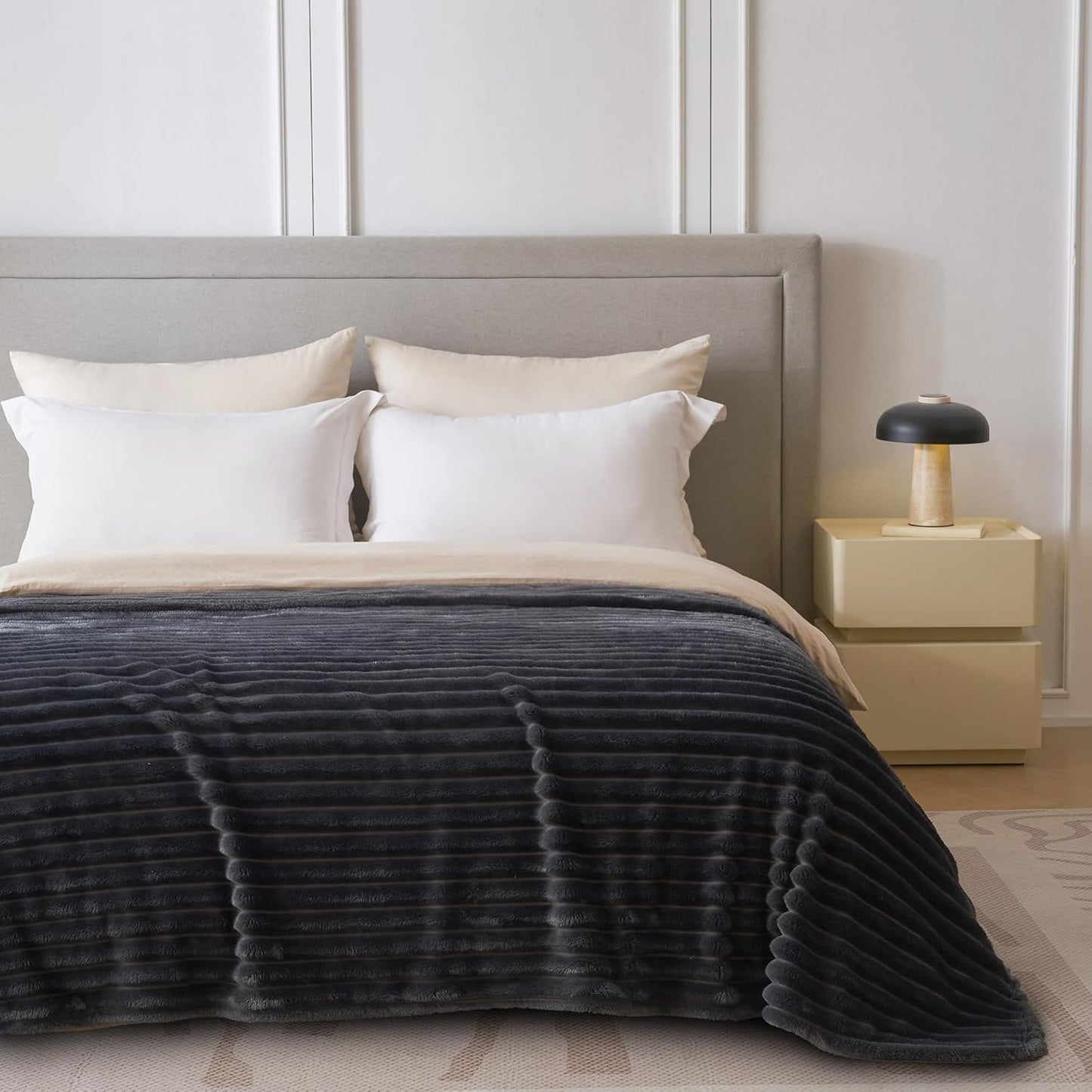 Skiennix Super Soft Queen Blanket - Premium Silky Flannel Fleece, 3D Striped Jacquard Design, 90x90 Inches, Dark Grey