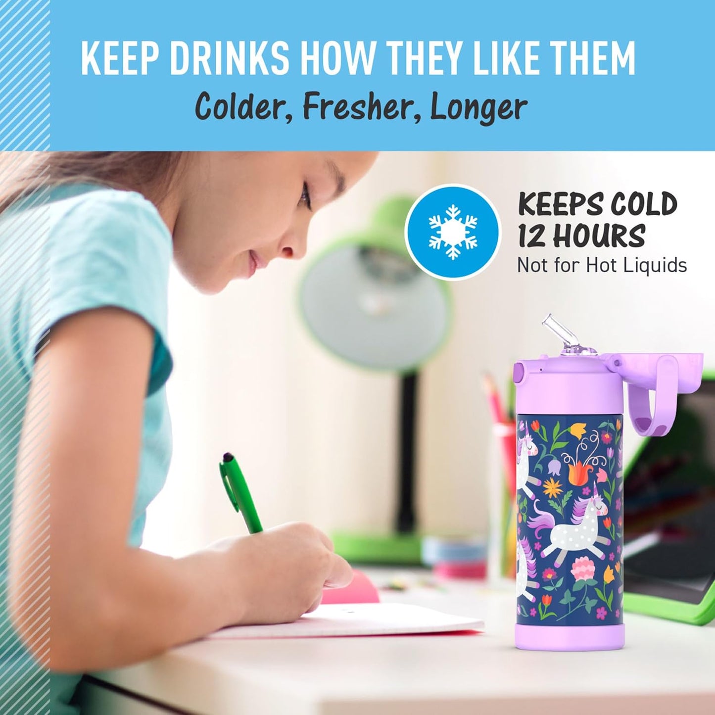 THERMOS FUNTAINER Water Bottle - 12 Ounce Kids Stainless Steel Insulated Bottle | Unicorn Blooms Design