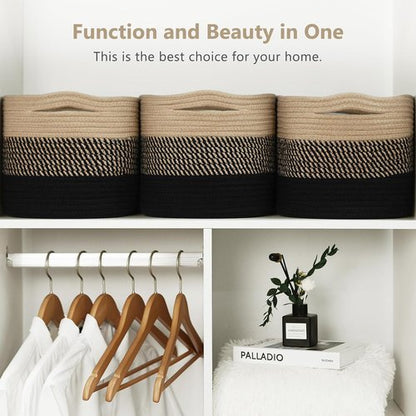 ECDYQXVU Cotton Rope Storage Basket - Woven Organizer for Shelves, Clothes & Towels | 15x10x9 Inches, Gradient Black/Brown