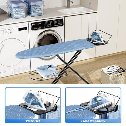 KINGBOARD Ironing Board, Compact Iron Board Full Size with Extra Thick Cover, 7 Adjustable Heights Stand with Hanger and Iron Rest, Large Heavy Duty Ironing Board with Storage Tray, 13x43 Blue