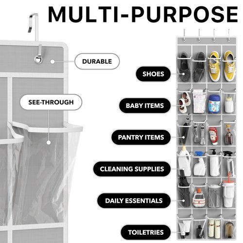 Simple Houseware 24 Pockets - Crystal Clear Over The Door Hanging Shoe Organizer, Gray (64'' x 19'')