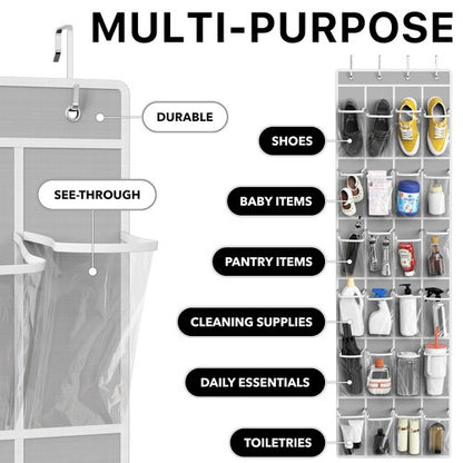 Simple Houseware 24 Pockets - Crystal Clear Over The Door Hanging Shoe Organizer, Gray (64'' x 19'')