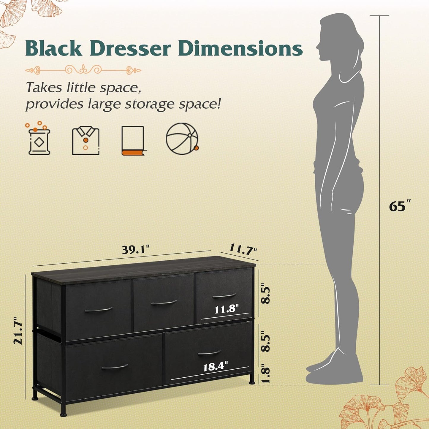 WLIVE Dresser - 5-Drawer Fabric Storage Organizer Unit for Bedroom, Living Room, Charcoal Black
