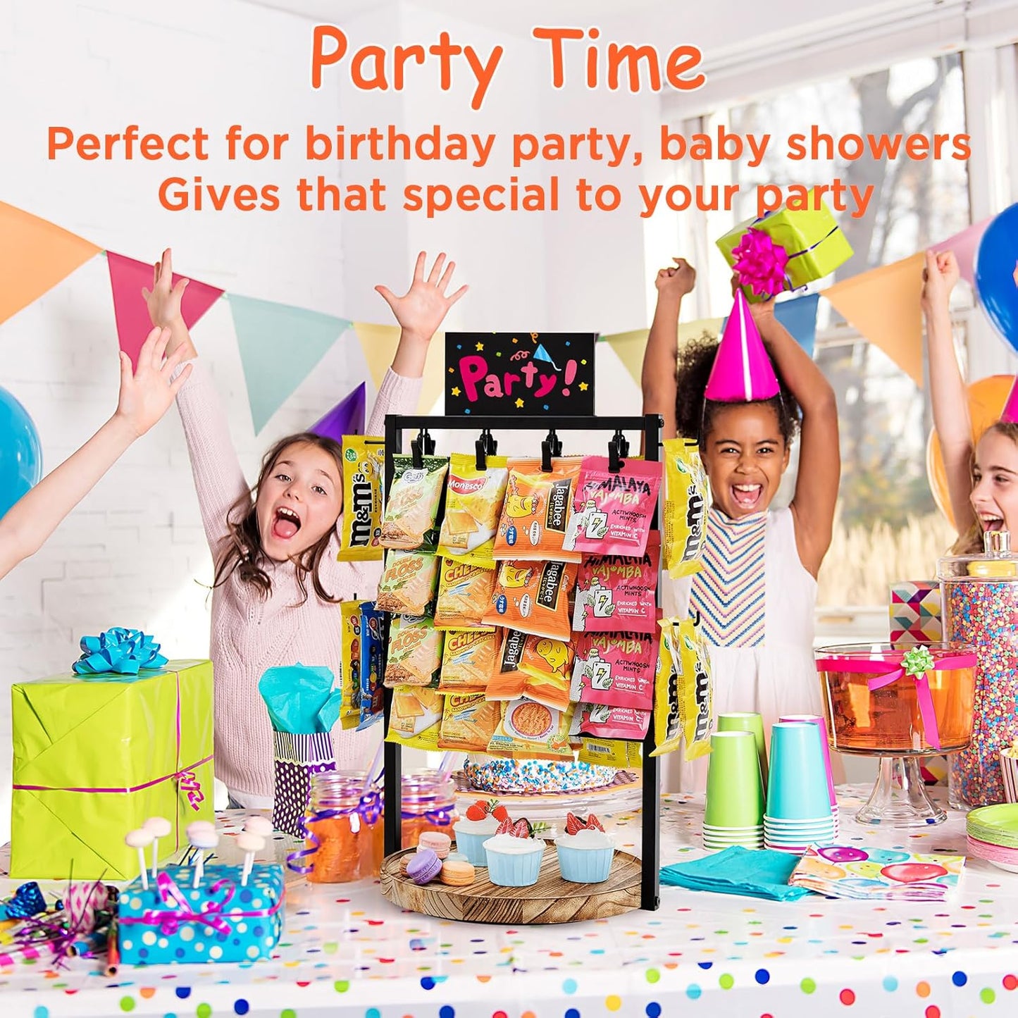 Poyilooo Snack Bar Display Rack - 4-Tier 360° Rotating Clip Organizer for Candy & Snacks | Black
